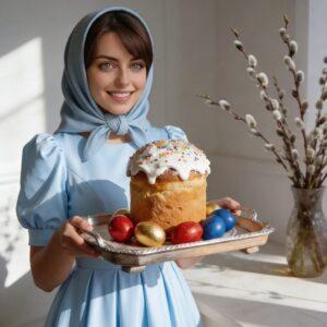 Алиса Селезнёва с Пасхальным куличом, крашеными яйцами и вербой