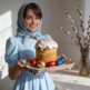 Алиса Селезнёва с Пасхальным куличом, крашеными яйцами и вербой
